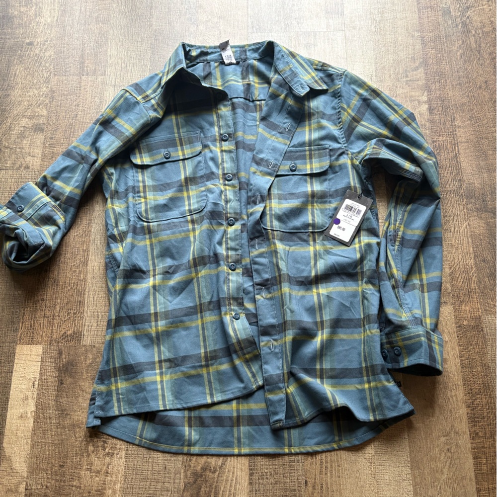 Mountain Hardwear Men's Blue and Green Plaid Shirt